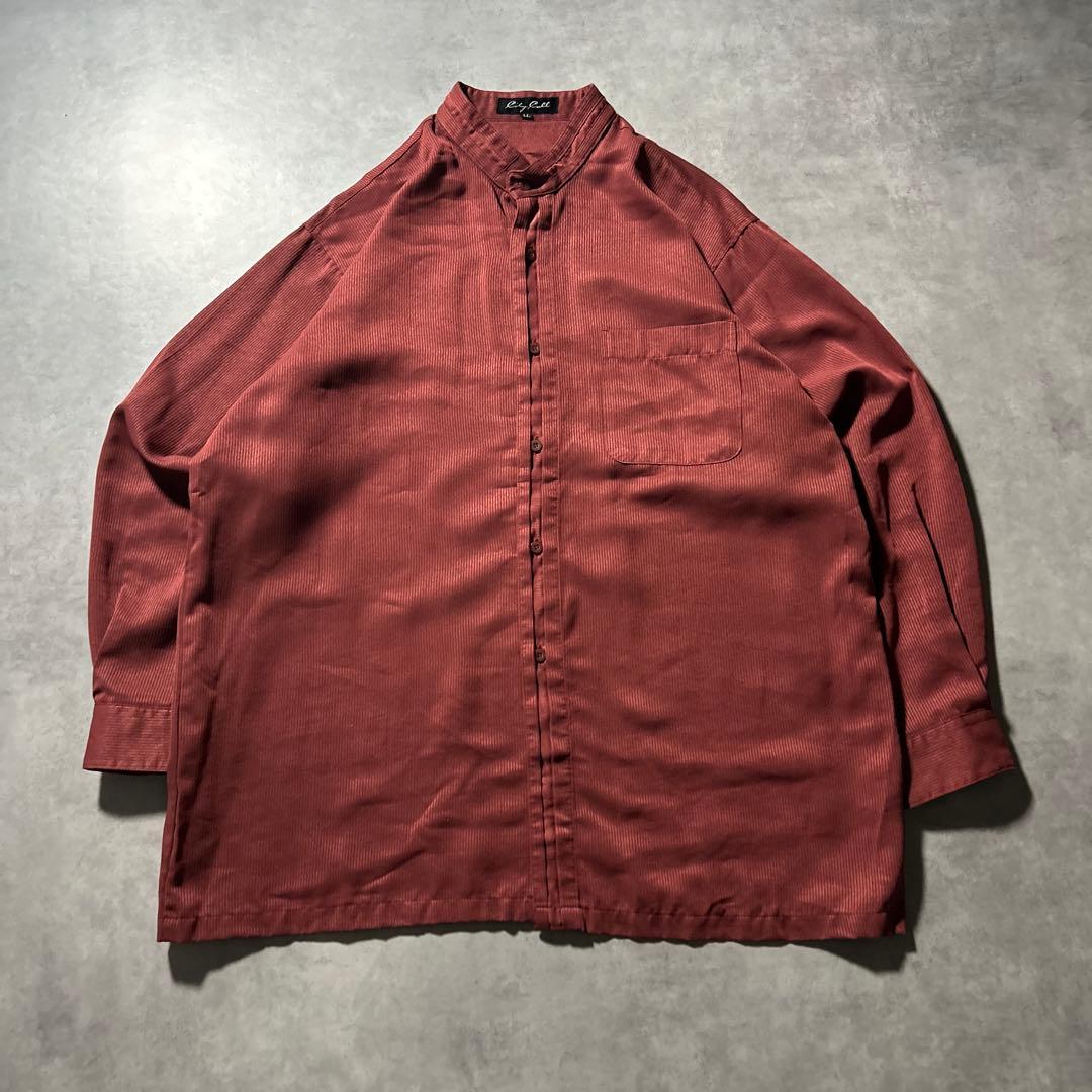 ヴィンテージ スエード調 レッド バンドカラー デザイン レトロ シャツ