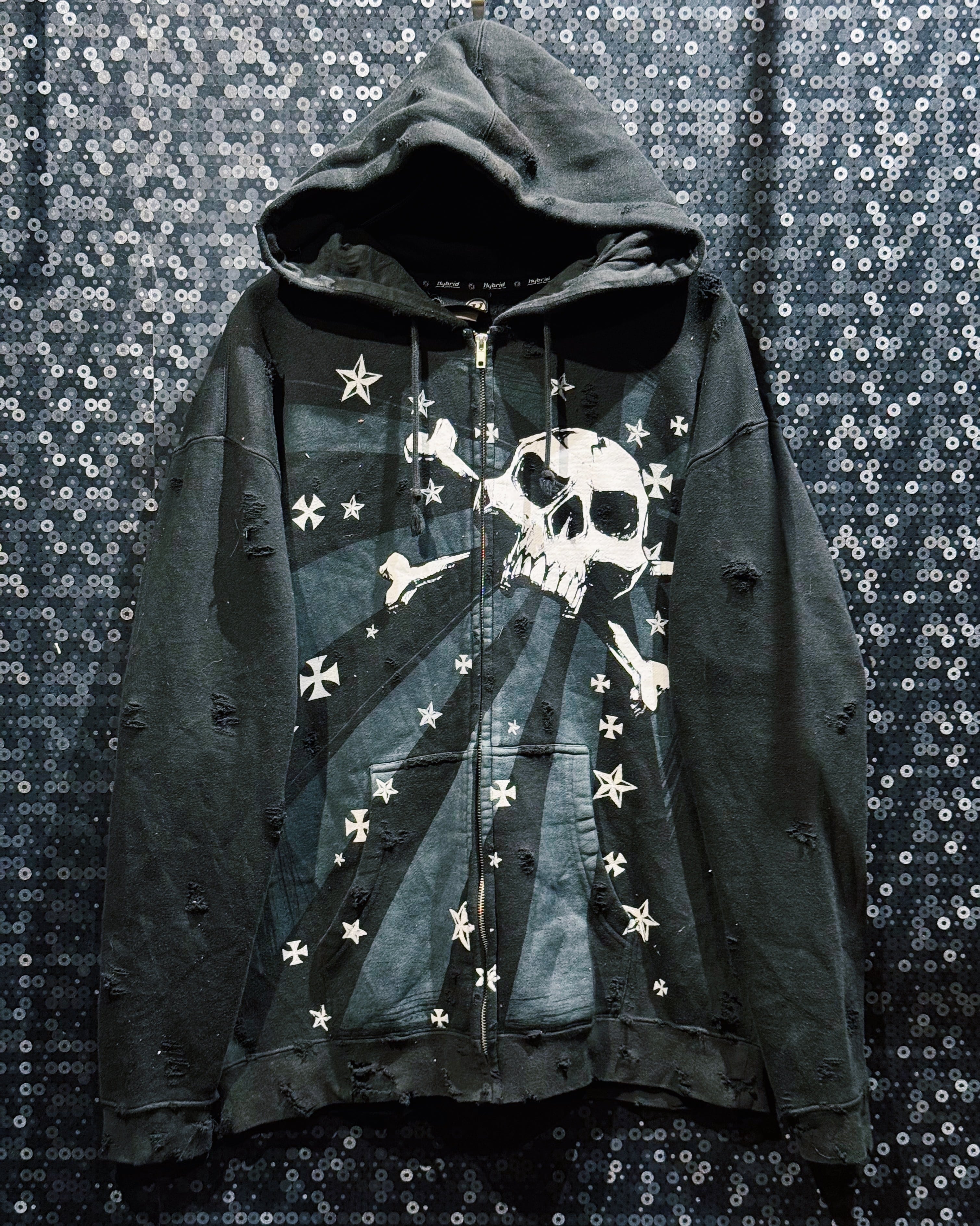 【ÆIEM】original"boro"remake Hybrid Skull Zip Hoodie
