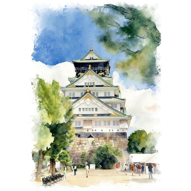 絵画 風景画 日本の城 大阪府 大阪城 インテリアアート額付き 水彩画・油絵風 WAT0688