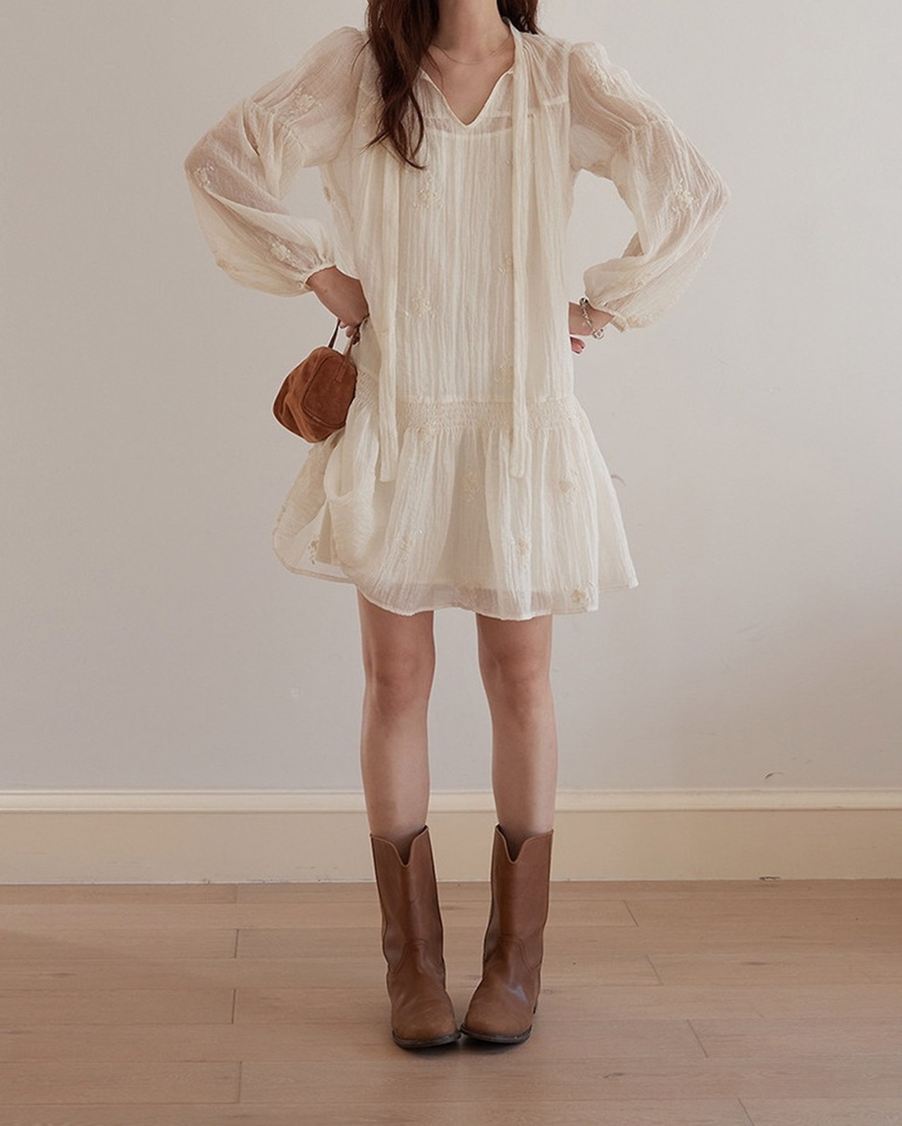 Embroidery shirring mini sheer One-piece  L0060