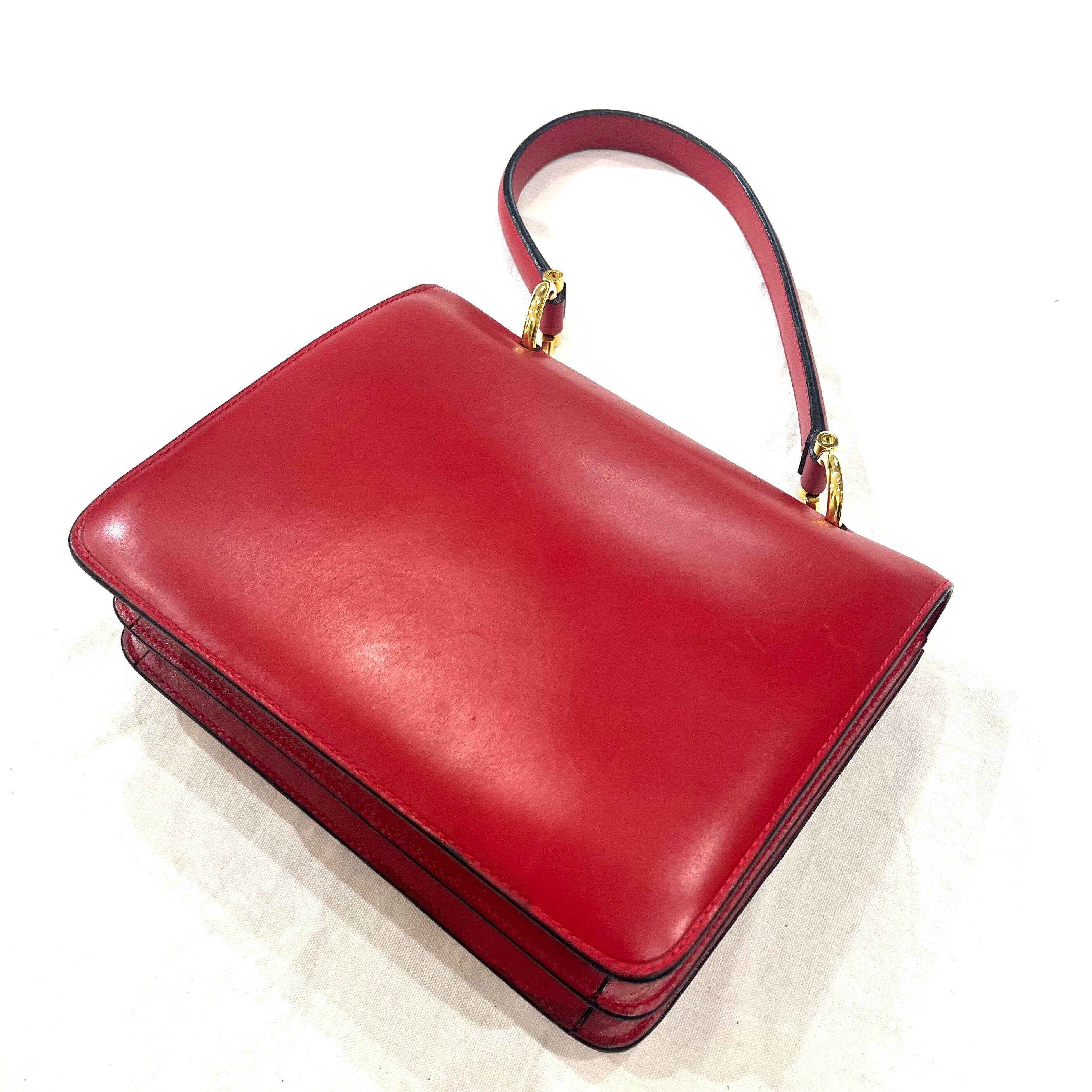 CELINE】セリーヌヴィンテージ二重蓋 Wフラップ レザーハンドバッグ 赤