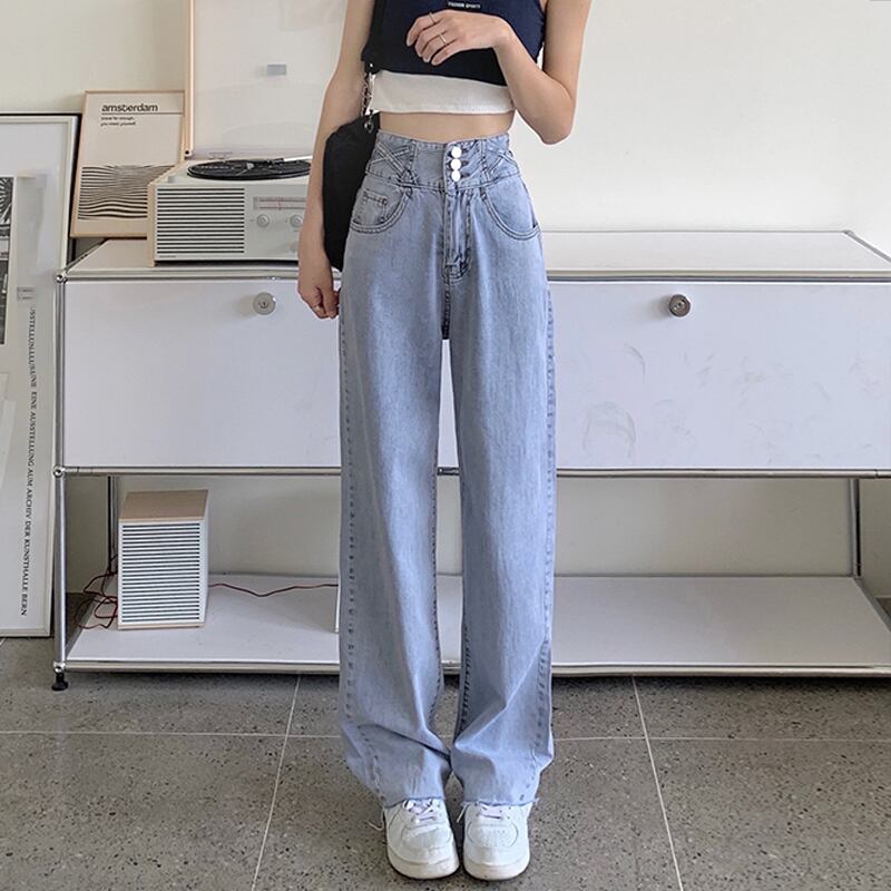 ワイドレッグジーンズ スプリングオータムハイウェストウェストルーズパンツ ストリート 春物 秋物 ワイドパンツ 試着室68696409059