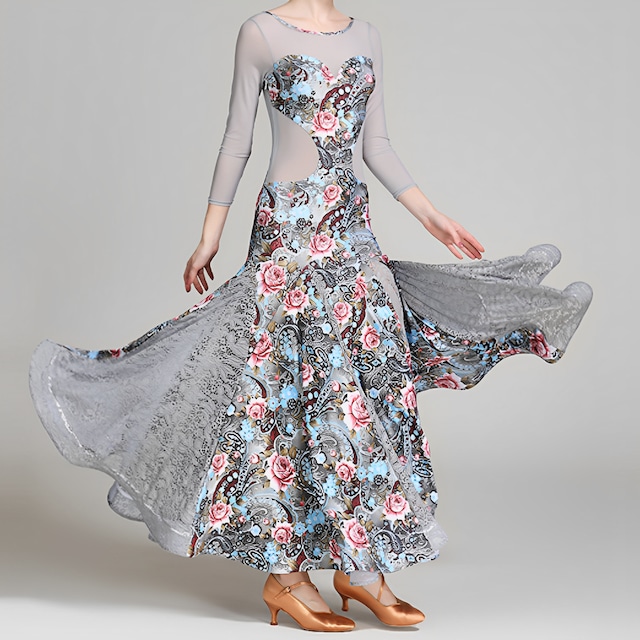 3collar エレガントなフラワープリントデザイン シアースカートドレス