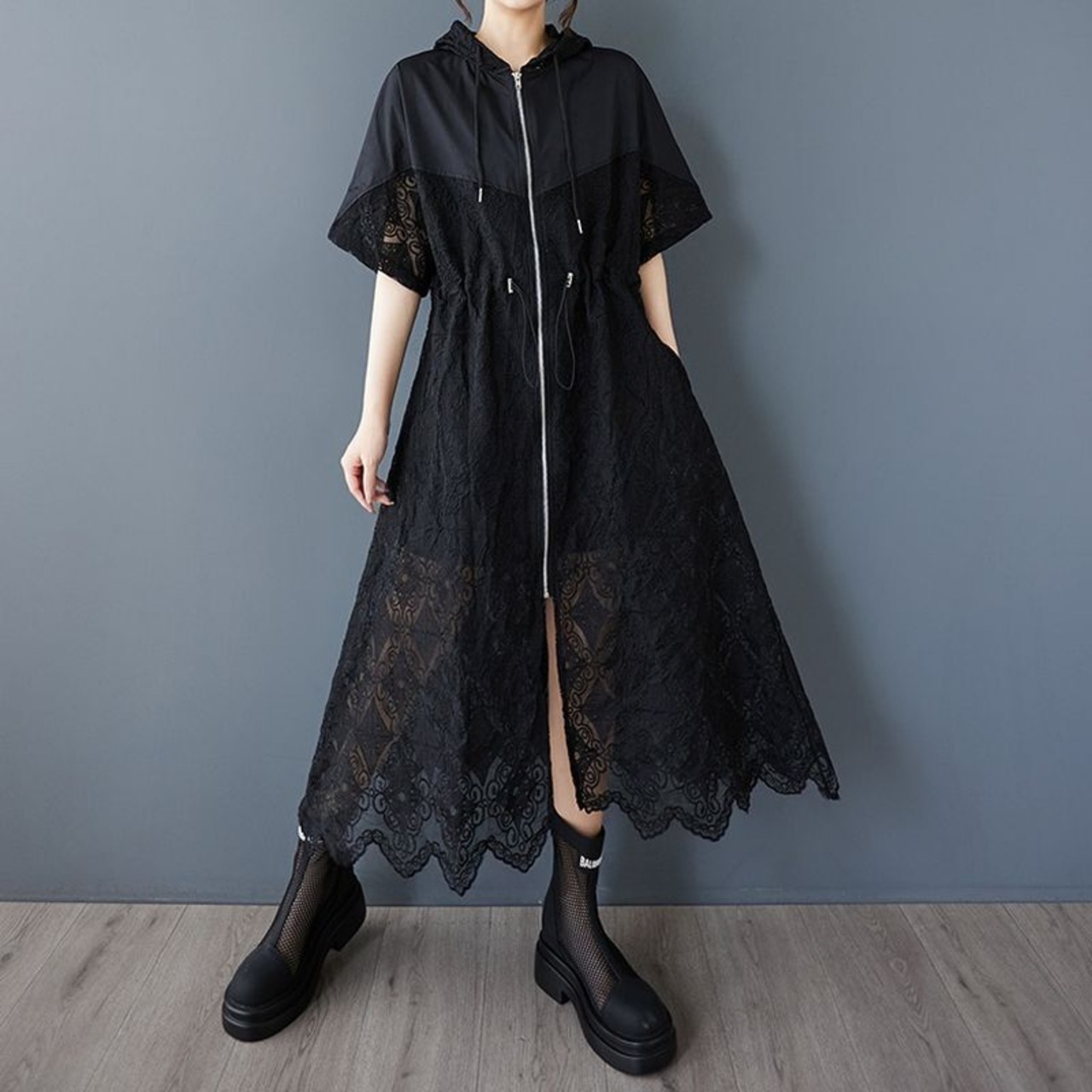 フード付き ジップアップ レースワンピース  30106