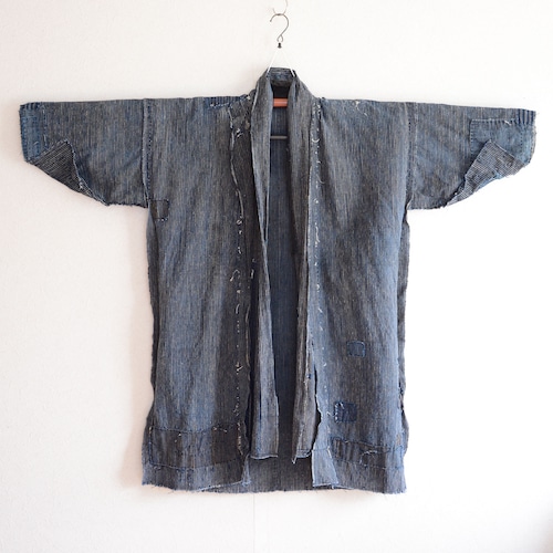 襤褸野良着綿入れ半纏藍染着物ジャケット木綿縞模様ジャパンヴィンテージリメイク素材明治大正昭和 | boro noragi jacket hanten kimono indigo japanese fabric vintage