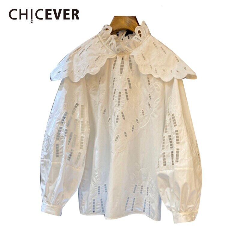 CHICEVERパッチワークホローアウトレディースシャツスタンドカラーランタン長袖シャツ2020服 ロング 6base5560951132