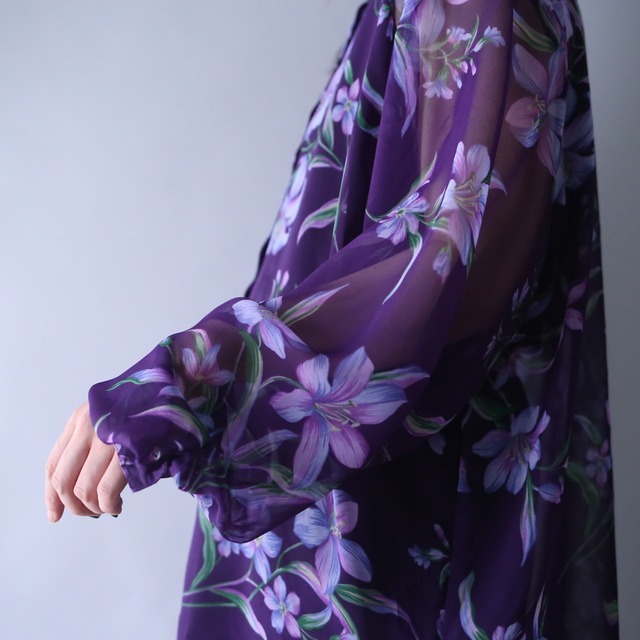 beautiful violet flower art pattern loose silhouette see-through shirt