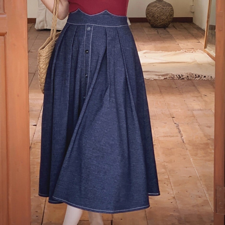 フロントボタン ハイウエスト Aラインデニムスカート 00542