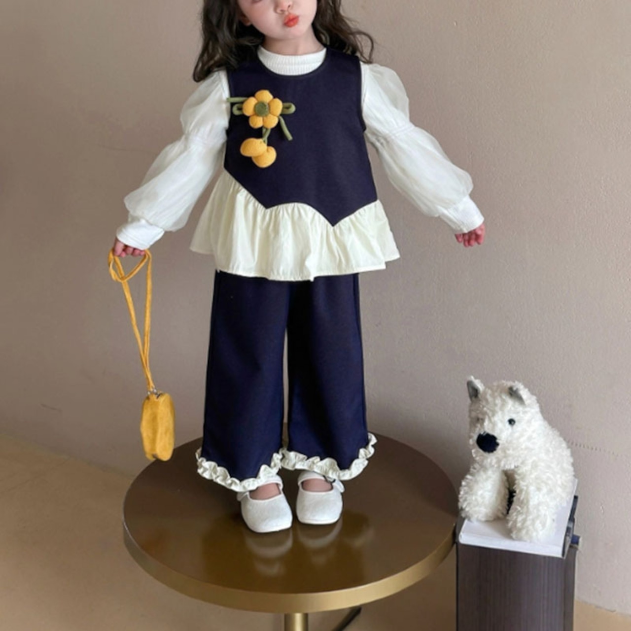 秋ヒマワリデザインベスト&Tシャツ&ボトムスセット