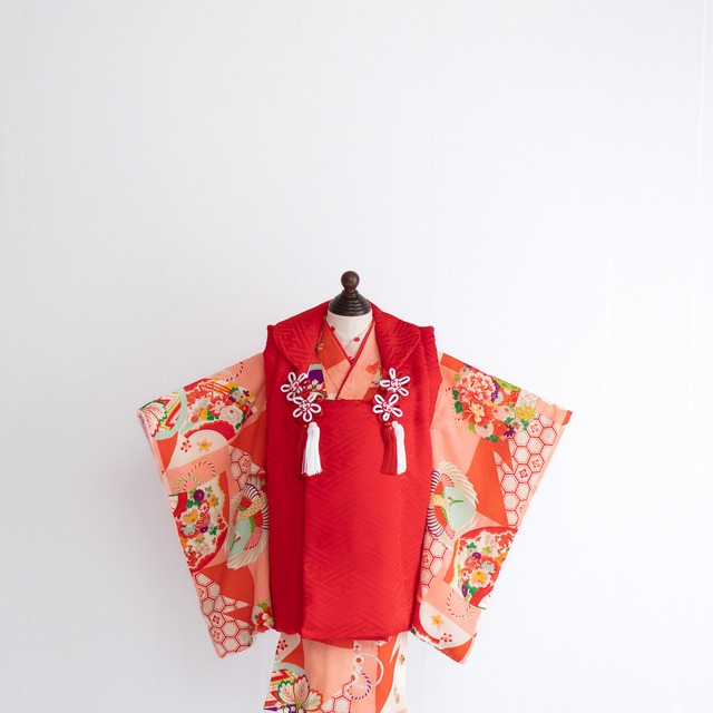 女の子被布style『桃花扇』/SS3018　　(対応身長目安　腰揚げ無の場合　82㎝～86㎝) (腰揚げ有の場合　82㎝～90㎝)