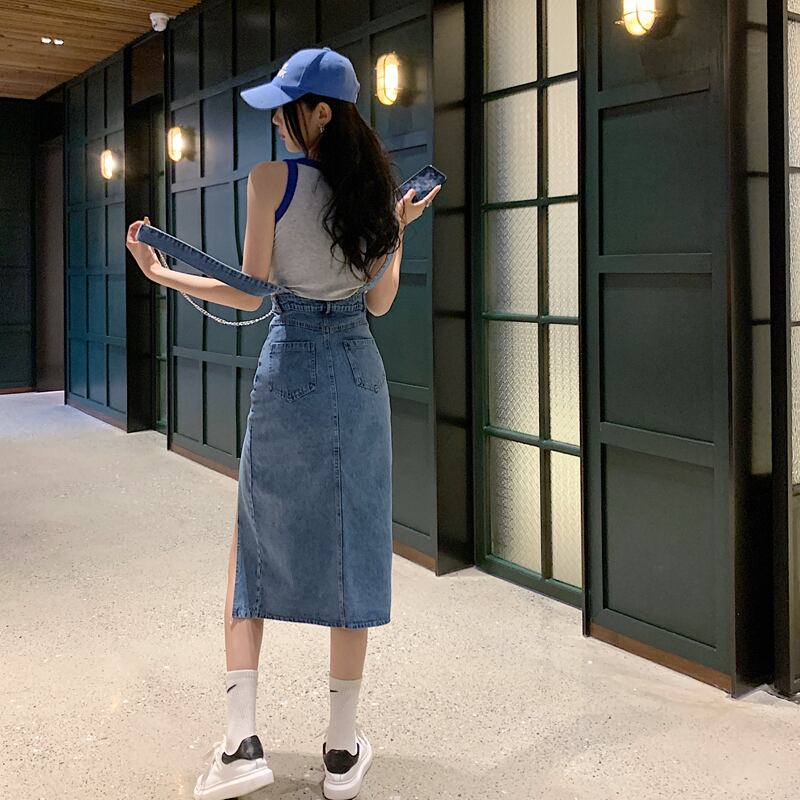 チェーンサスペンダー付き デニムスカート ロングスカート 韓国ファッション Choice 31 レディースファッション通販