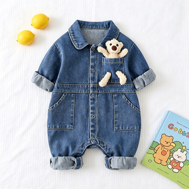 【BABY】熊さん付きデニムロンパース