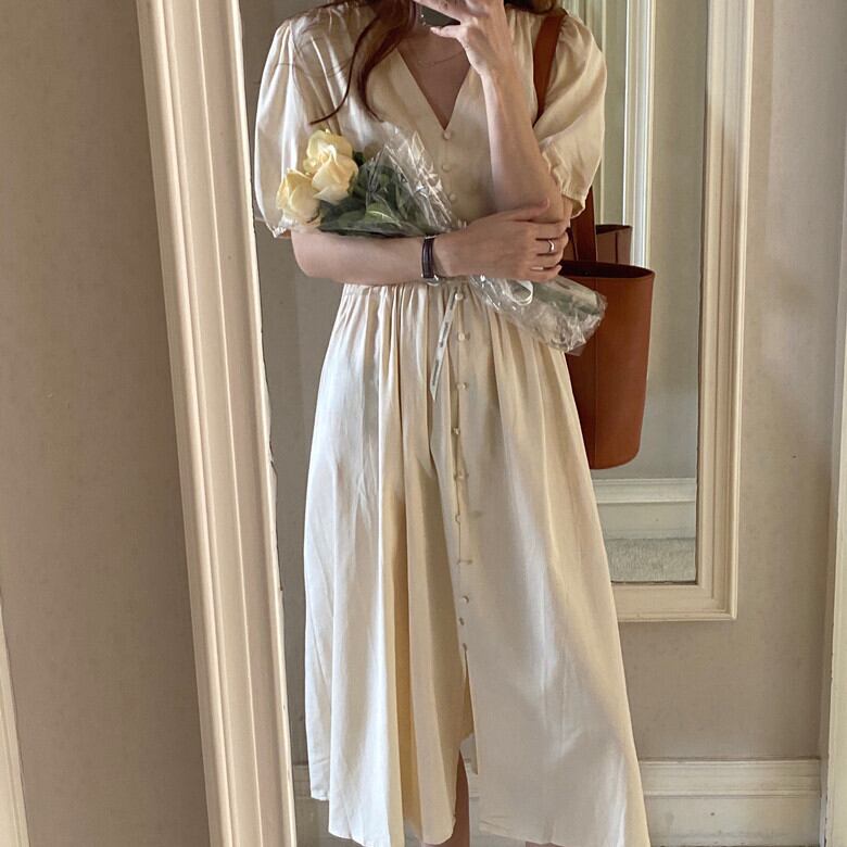 スタンダードブレストVネックロングスカート 薄手スプリング半袖スリーブドレス レディース ショート レトロ ハーフスリーブ 春物 ピュア ビッグFスモールZ韓国4150625424