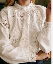 立体レース刺繍透かしレースランタン袖レトロシャツ