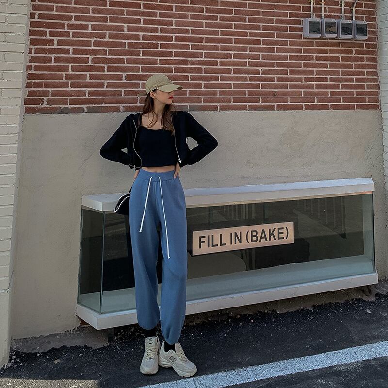 ベルベットカジュアルパンツ オータムウィンタースタンダードハイウェストウェストニットルーズ レトロ 秋物 冬物 ドラファッションホール24077314207