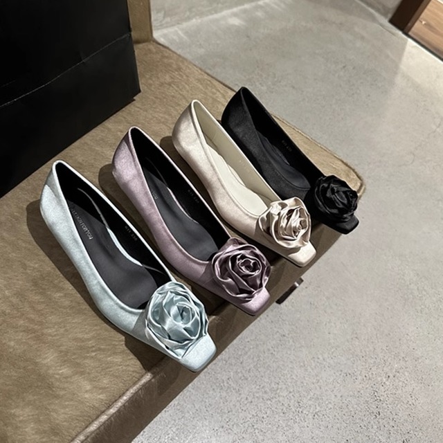 rose embellished low-heel pumps(4color）<s1897>
