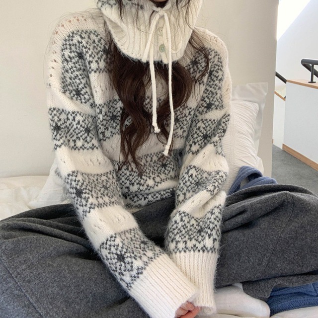 fair isle knit with removable hood　J00396