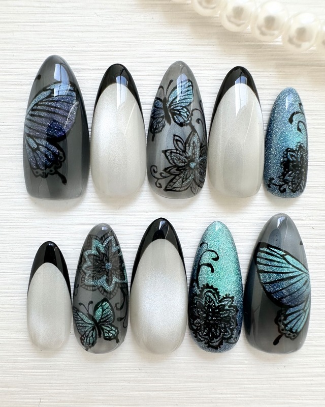 【蒼艶】バタフライネイル　愛犬似顔絵オプションあり　手描きネイル#ncs020