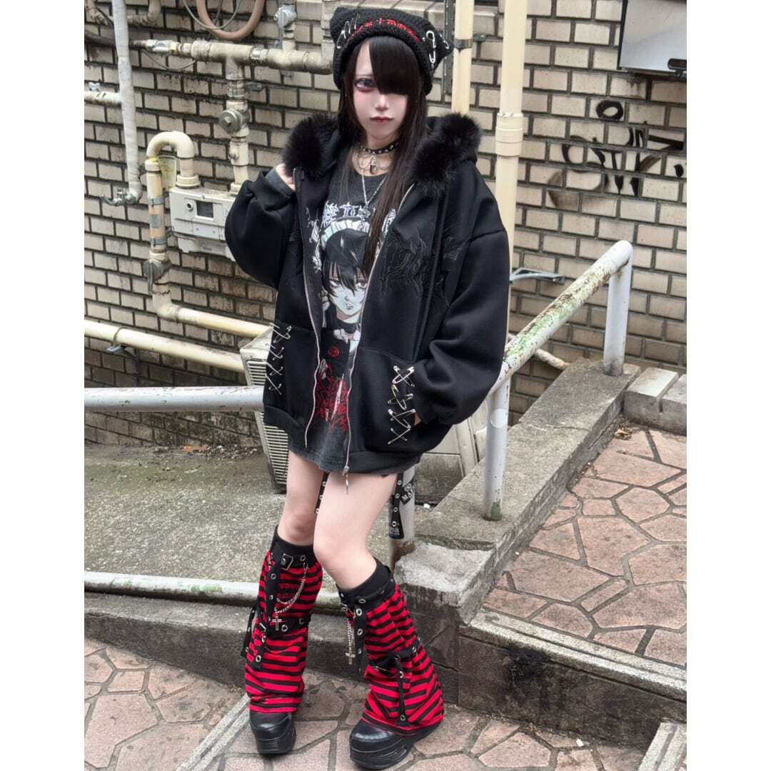 12/15新着】サブカル刺繍☆ネコ耳フードファーZIPパーカー(裏起毛