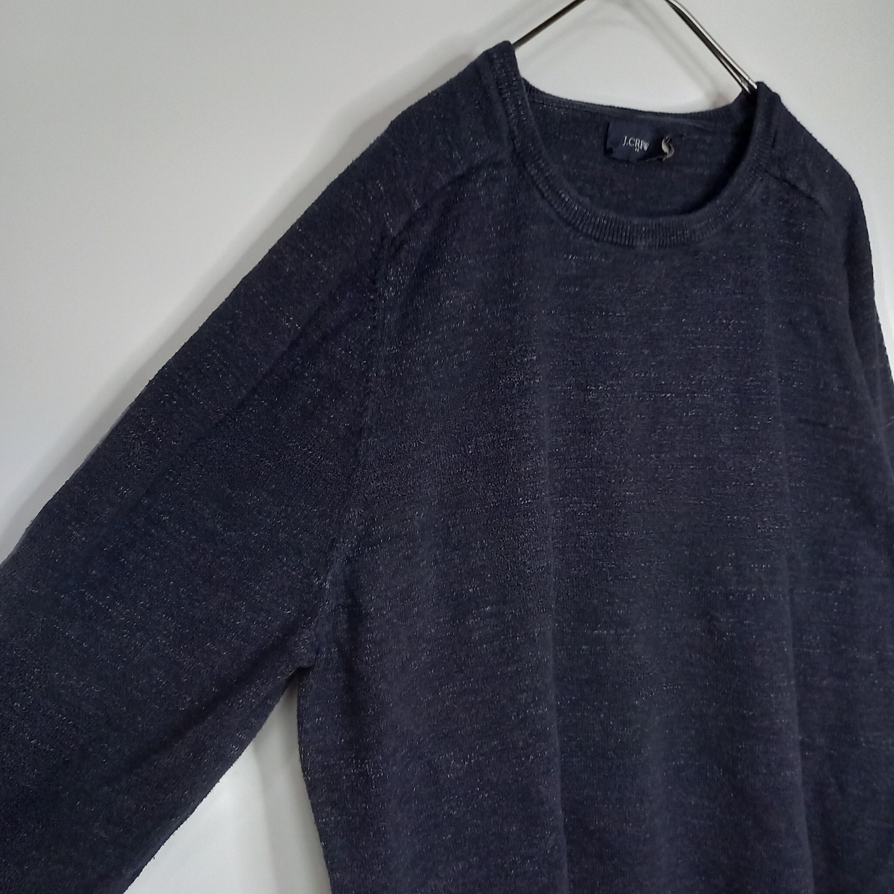 J CREW　クルーネック　コットンニット　セーター　薄手　無地　ネイビー　L