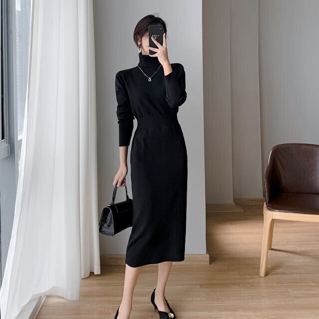 ワンピース レディース ひざ下丈 ニットワンピ 長袖 ハイネック スリム おしゃれ 上品 大人かわいい ブラック/ホワイト S/M/L/XL