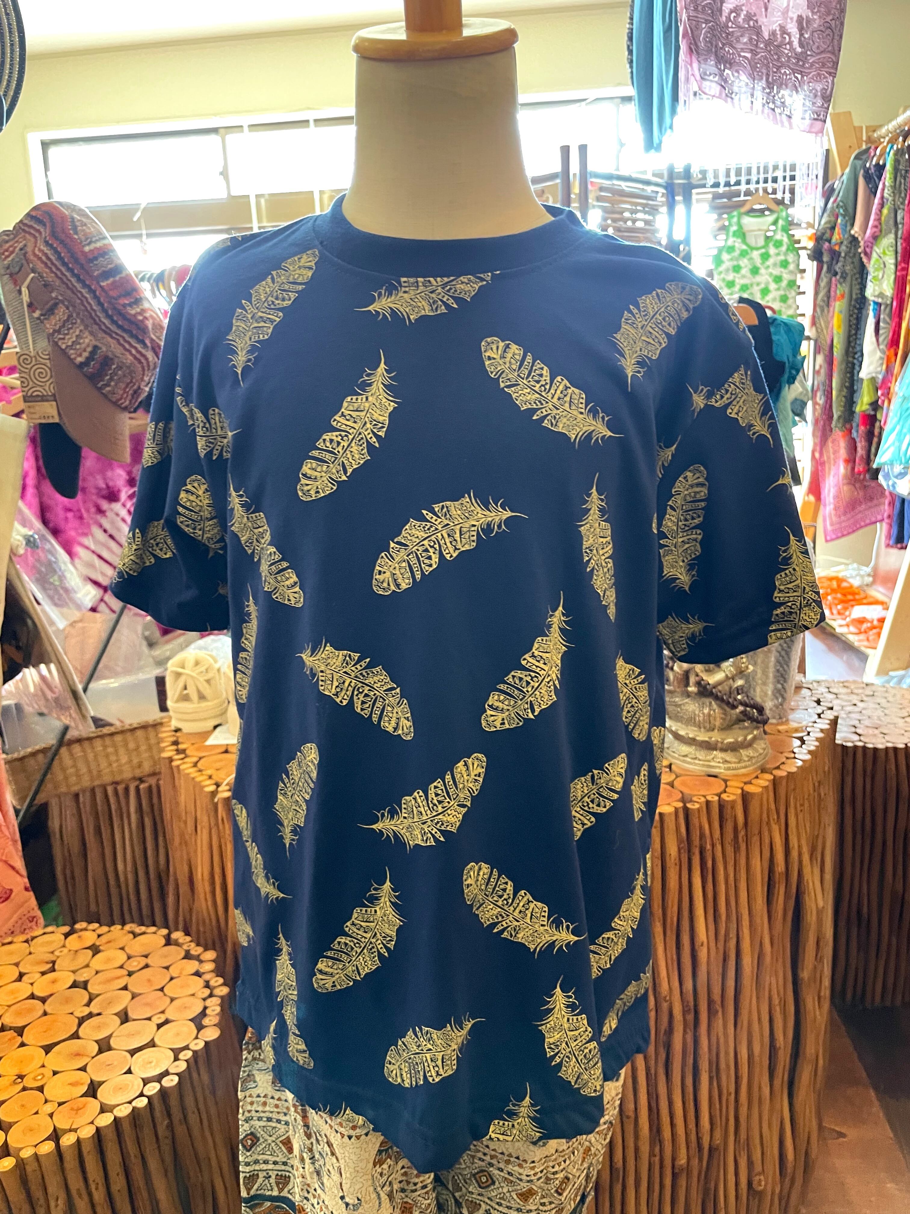 キッズTシャツ Tシャツ キッズ 子供服 個性的 フェザー柄 羽 ネイビー XL*アジアン雑貨No.10