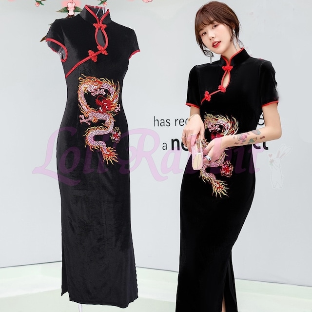 チャイナドレス 赤龍柄刺繍 黒ドレス コスプレ衣装