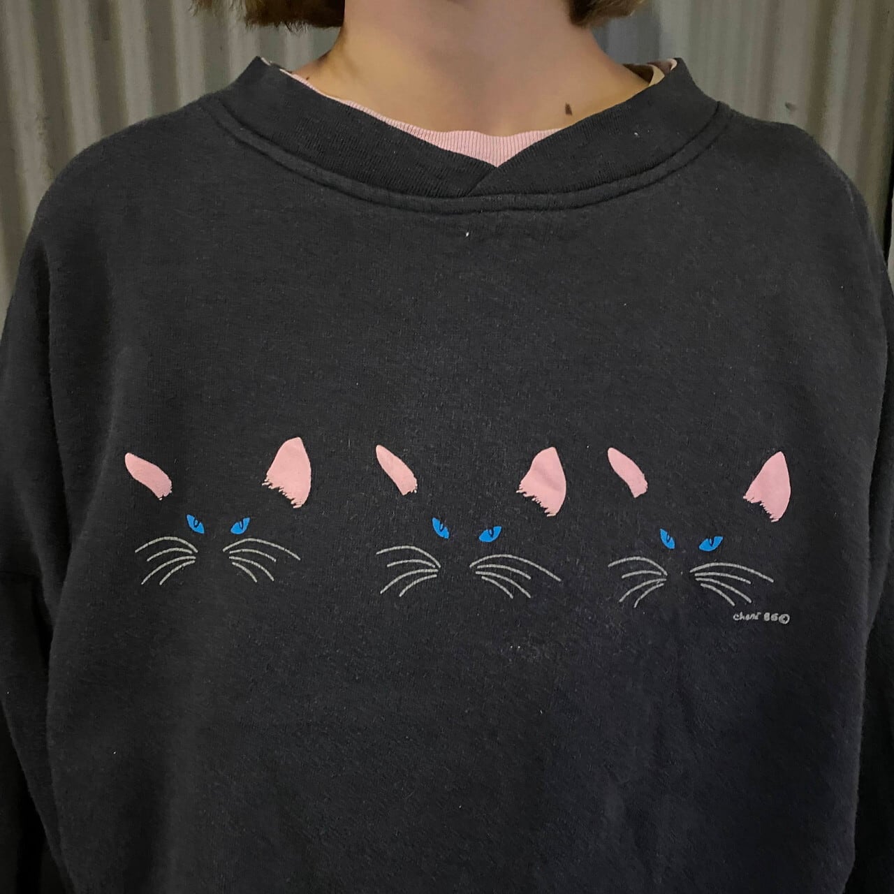 80年代 プリントスウェットシャツ メンズM相当 古着 アニマル 動物 猫