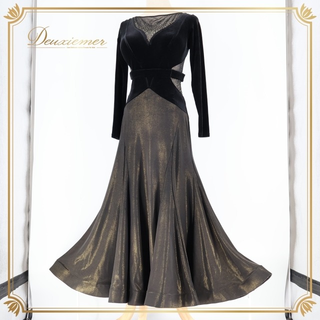 社交ダンス 衣装 チャコット Chacott ドレス ワンピース 黒 ゴールド ベロア 高級感 光沢 ダンス パーティ 発表会 長袖 透け感 スパンコール ブラック系 社交ダンス用 ドレス ステージ衣装 エレガント フォーマル レディース 伸縮性 おしゃれ コンサート 舞台用品 光沢感 シンプル ラグジュアリー ダンス用衣装