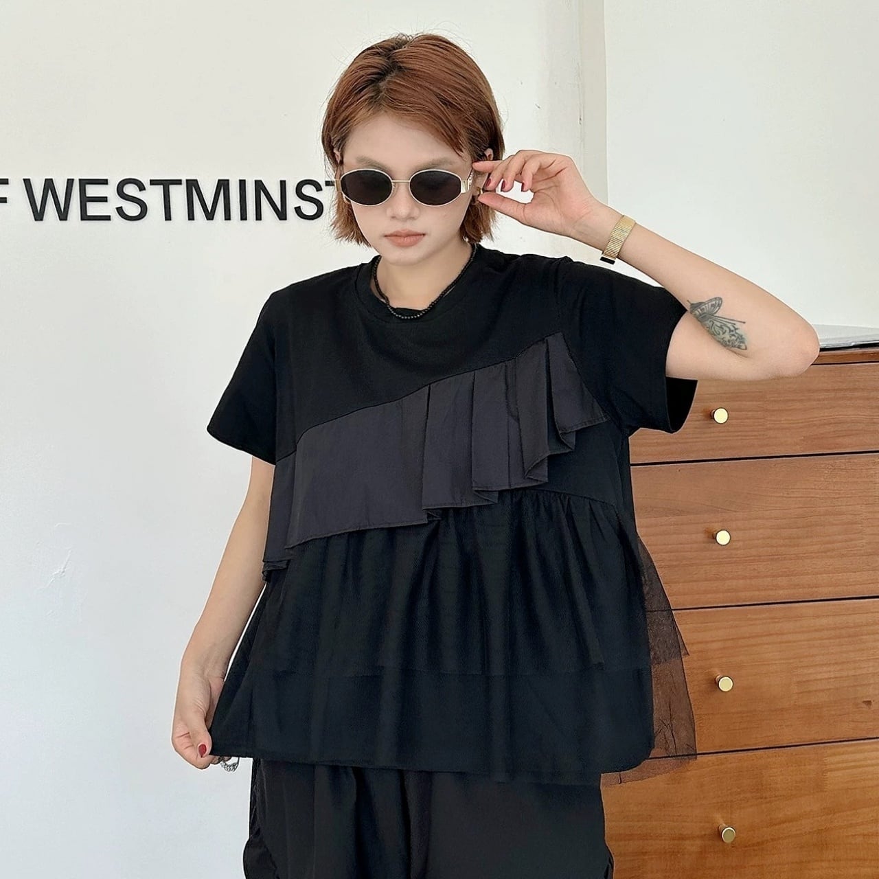Asymmetric Tulle Ruffle T-Shirt 01390