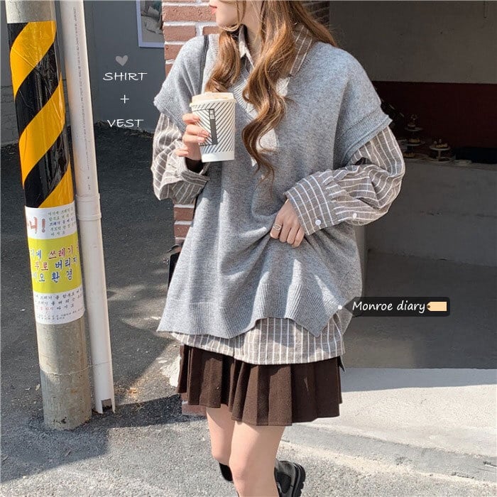 Vネックニットレディースルーズセーター オータムウィンターノースリーブトップス 秋物 冬物 モンロー42873934490