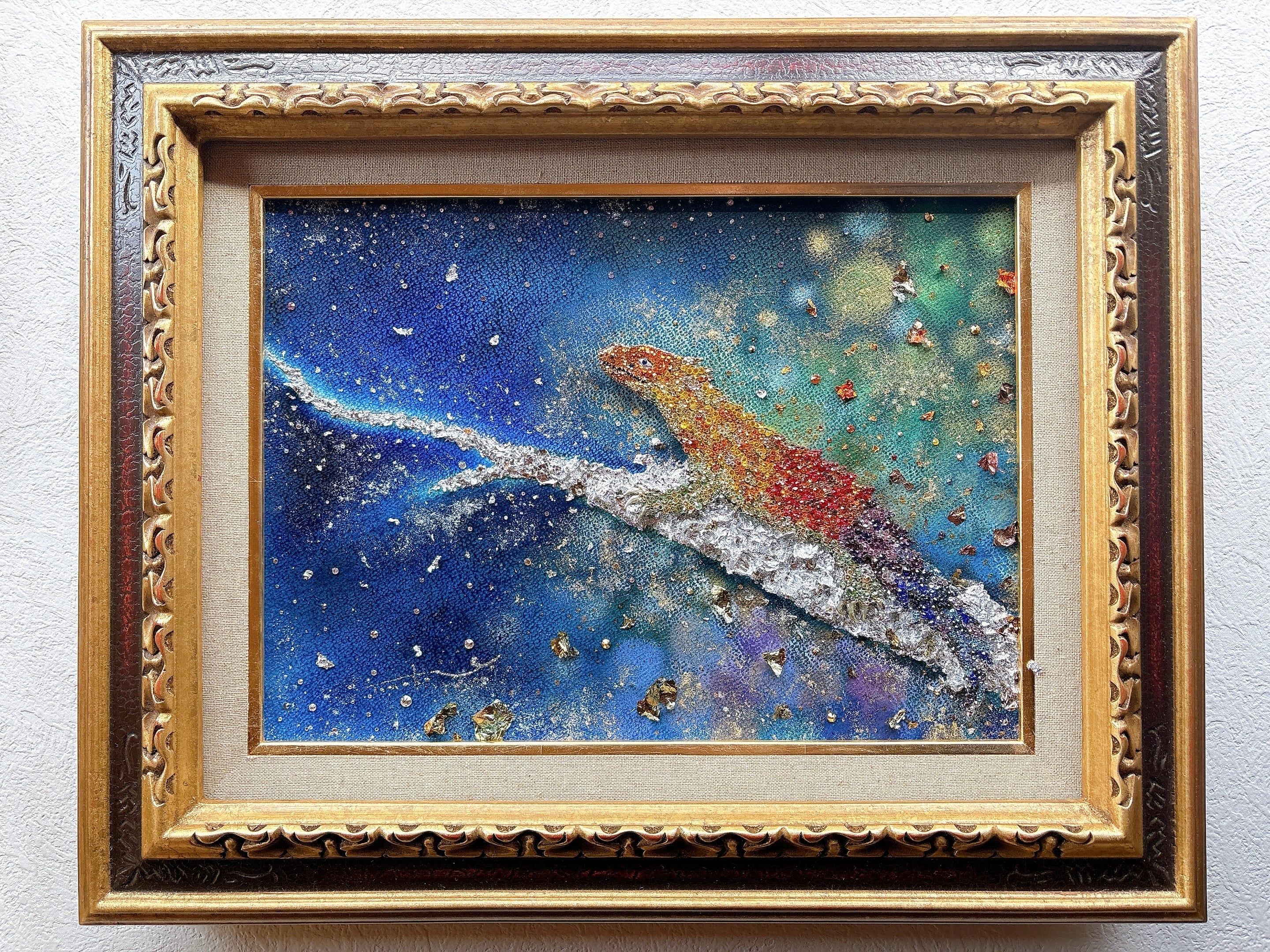【ハッピーバースデイ タウラス】直筆　絵画　原画   スワロフスキー  送料無料 一点物原画 スワロフスキー【煌めく未来を行く虹色トカゲ】人生