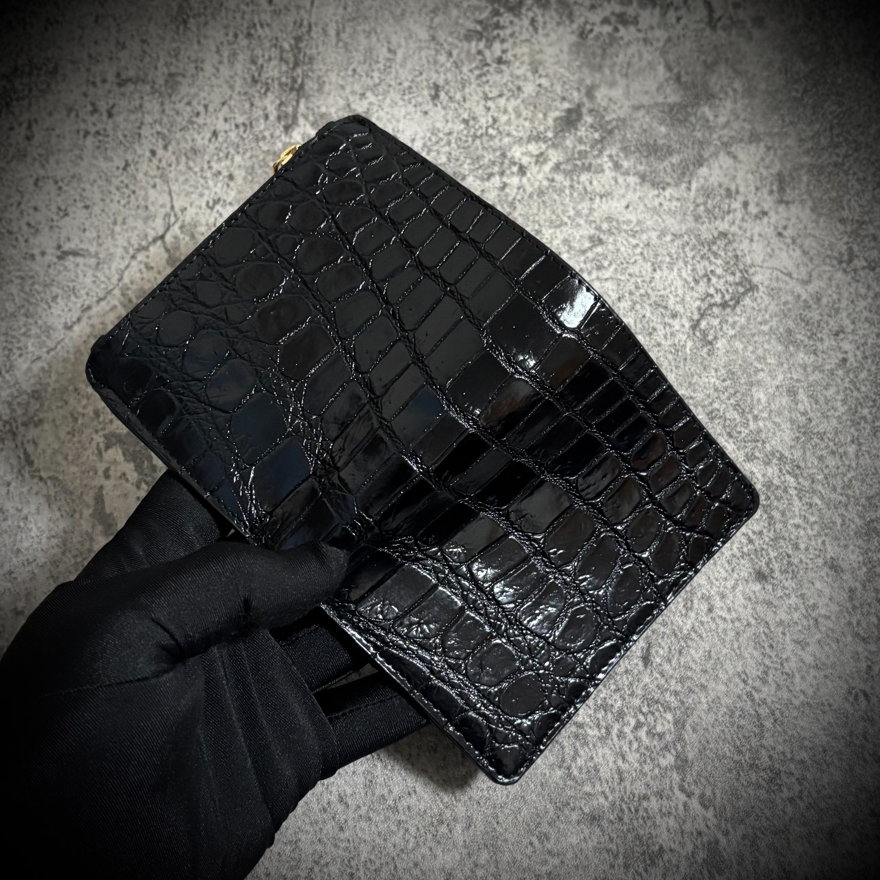 u54 本物証明証付き 本革クロコダイル 二つ折り財布 ウォレット 腹 ブラック クロコダイル 二つ折り 財布 ミニ財布 ワニ革 本革 コンパクト 小銭