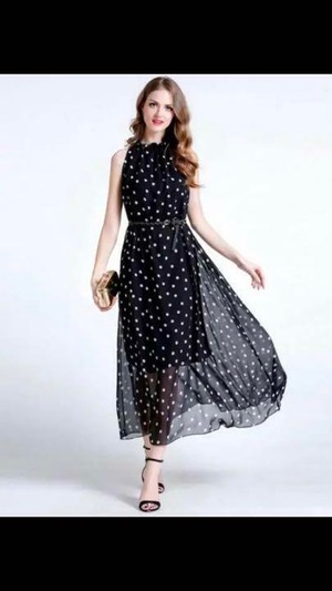 ★送料無料★フリ－☆シフォン水玉ロングワンピース(OPN3158)