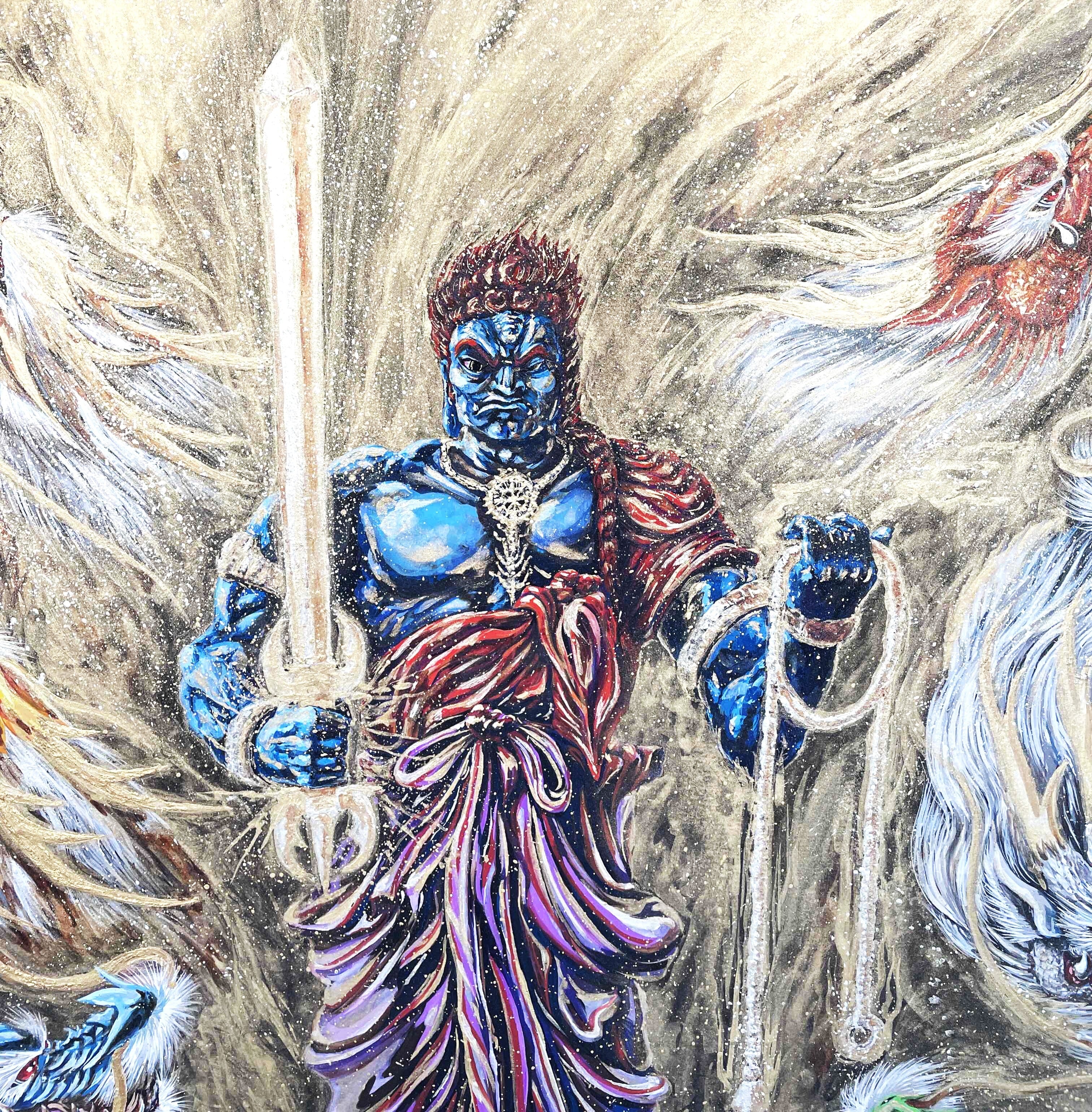 現代水墨画家 絵師白道 「青不動明王と八大龍王」直筆作品 証明書