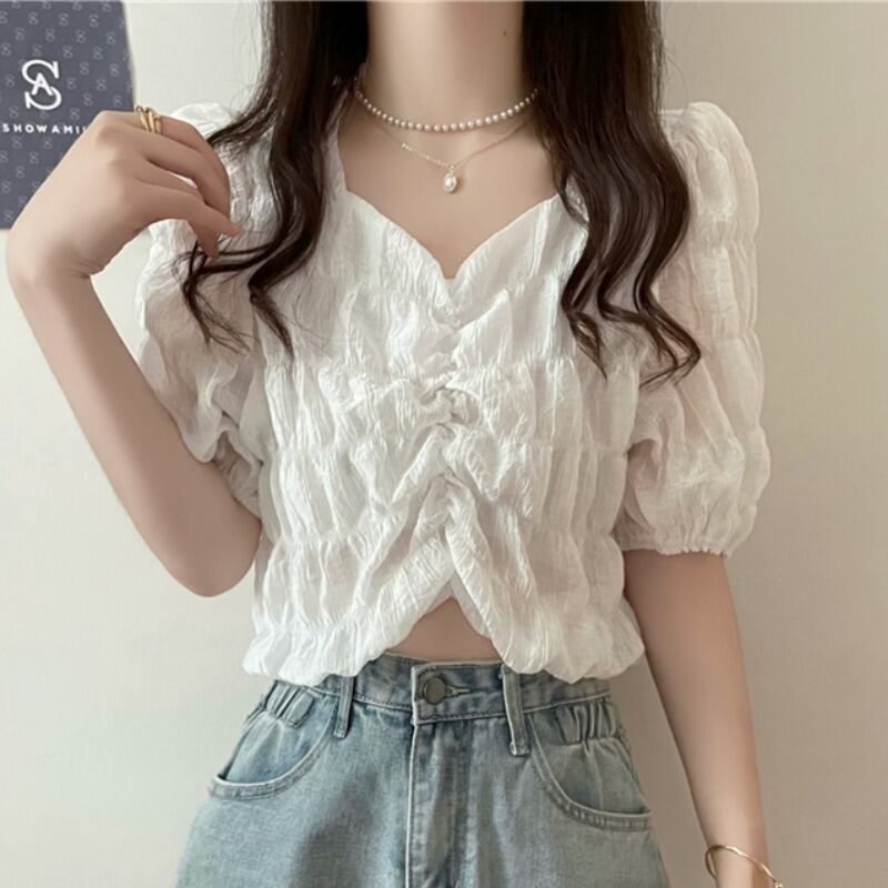 サマースタイルVネックスリーブプリーツシャツ トップス レディース 夏物 ハンチェンe39575791905