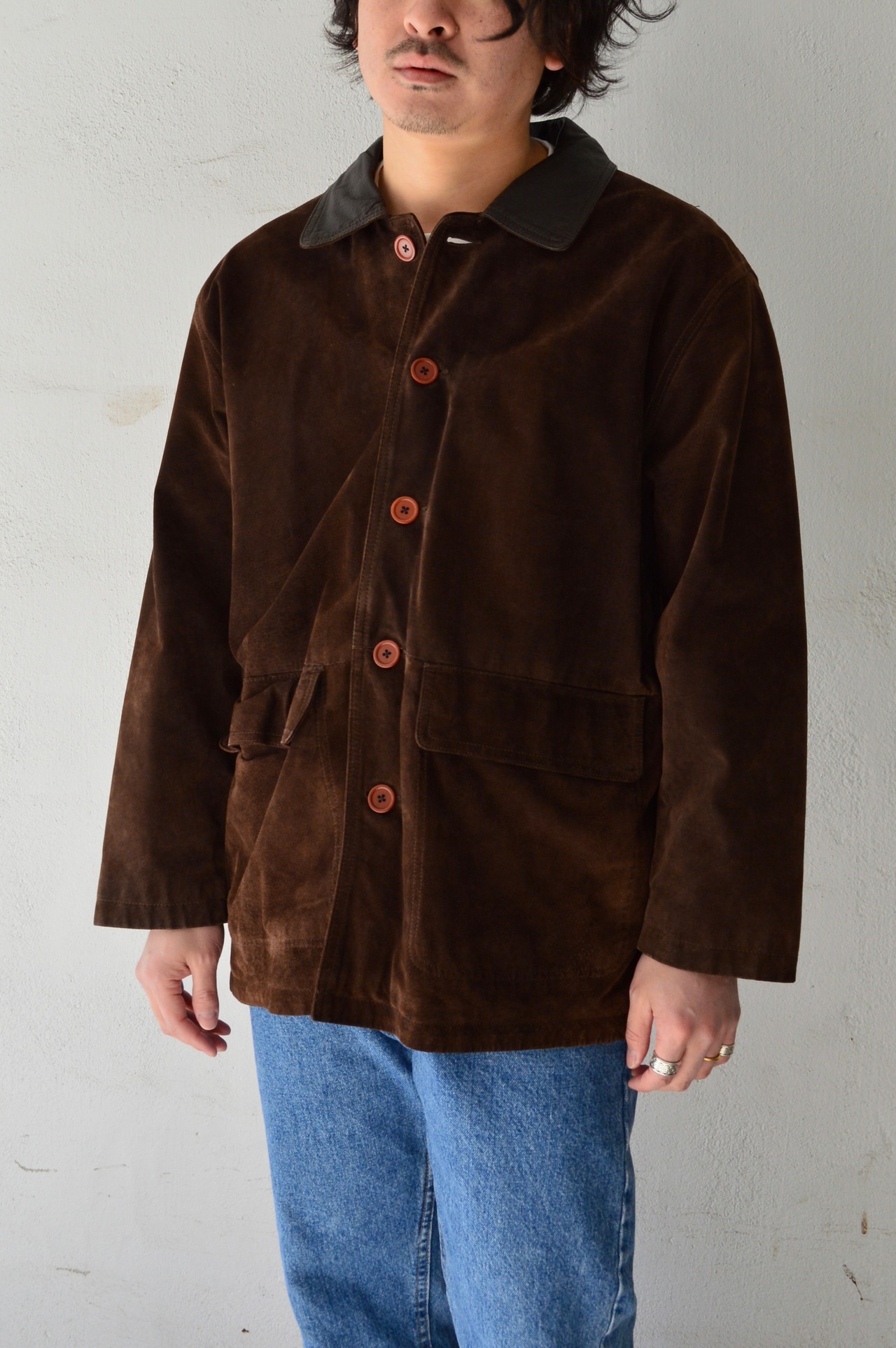 Spanish Asian Used Old Leather 1980-90's Pig Suede Leather Car Coat カーコート 90s スエードレザー