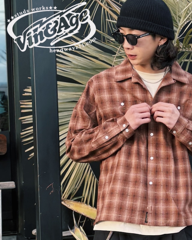 オンブレチェックシャツ  開襟シャツ セミワイド バイカー ヴィンテージ風 Vin & Age ヴィンアンドエイジ TYPE VSL10 LIGHT FABRIC SHIRT