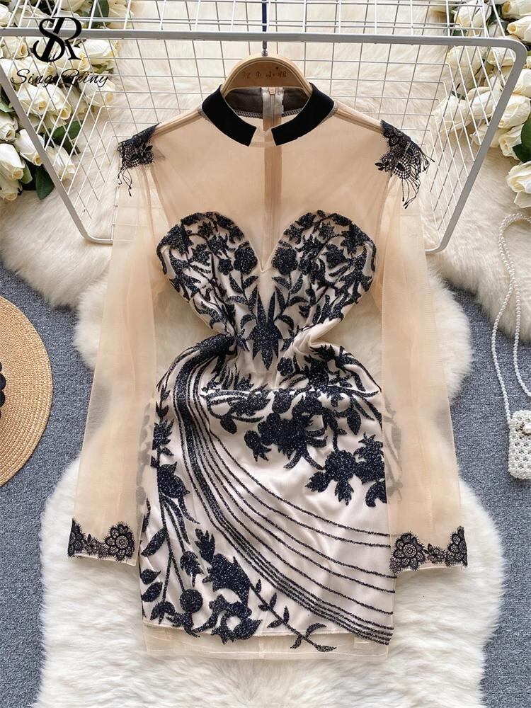 Sing補強-女性のフランスのレトロなミディドレス、ラウンドネック長袖、ジャカードデザイン、メッシュファッション、気質、秋、2023_100