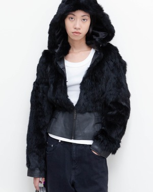 1990-00s fur × leather hooded jacket