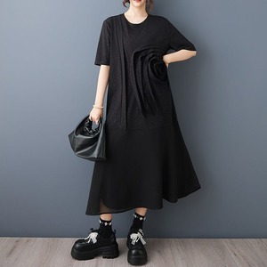 ASYMMETRIC FLORAL APPLIQUE LOOSE MIDI DRESS M-17360