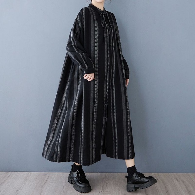 ストライプ柄 ボウタイ シャツワンピース  00190