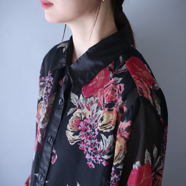 "sheer×satin" switching design beautiful flower pattern over silhouette see-through shirt