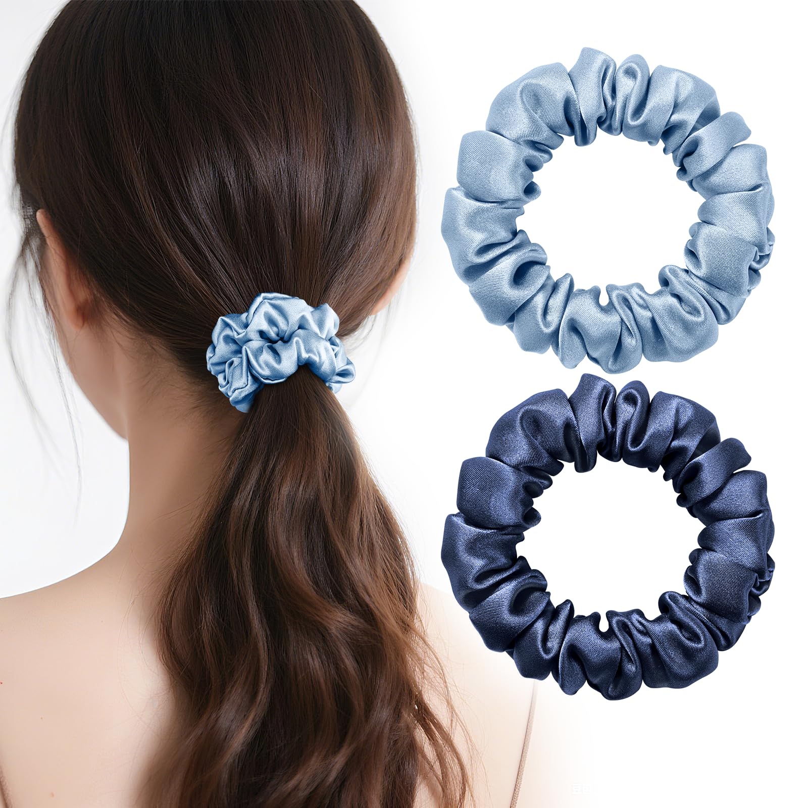 【特価処分】シルク ヘアゴム 2cm 20色 天然シルク100 シュシュ 摩擦軽減 静電気防止 髪に優しい 髪ゴム 大人 女性 黒 おしゃれ ヘアアクセサリー 誕生日 ギフト (ネイビー+ミントブルー 2セット)