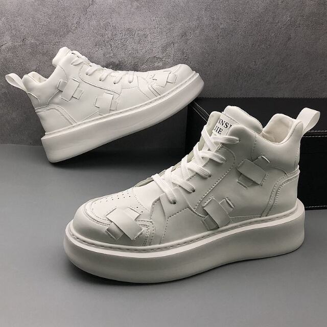 予約販売】スニーカー ハイカット 厚底 クロス レザー 靴 白 黒