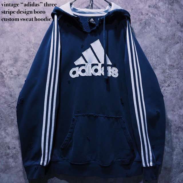 【doppio】vintage “adidas” three stripe design boro custom sweat hoodie