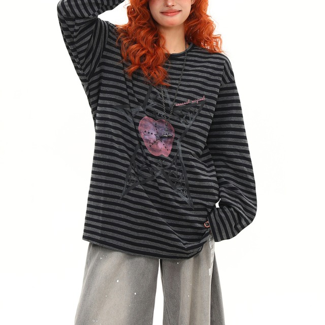 apple print border long tee　アップルプリントボーダーロンティー　J1249