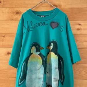 【FRUIT OF THE LOOM】90s USA製 Tシャツ ペンギン アニマルプリント イラスト アーチロゴ ハート XL オーバサイズ US古着