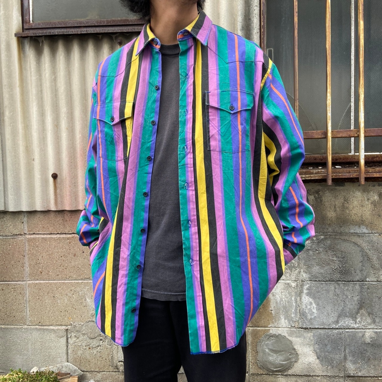 USA製 90年代 Wrangler ラングラー ストライプ 長袖 ウエスタンシャツ 