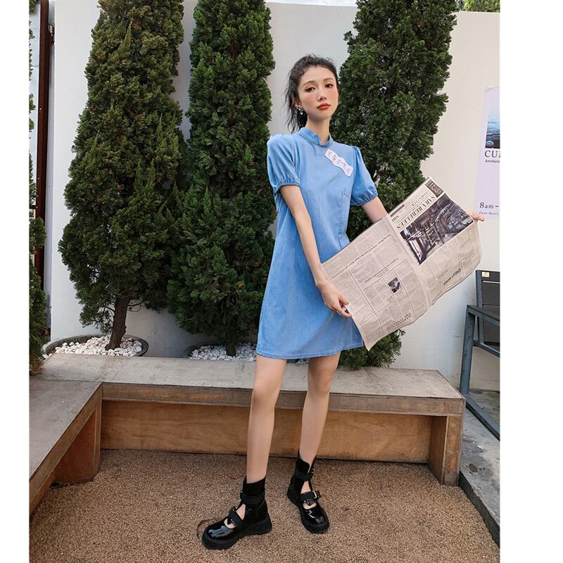 菲娜蘇シリーズ チャイナ風ワンピース レトロ 無地 ドレス スタンドネック 半袖 ショート丈 Elegant